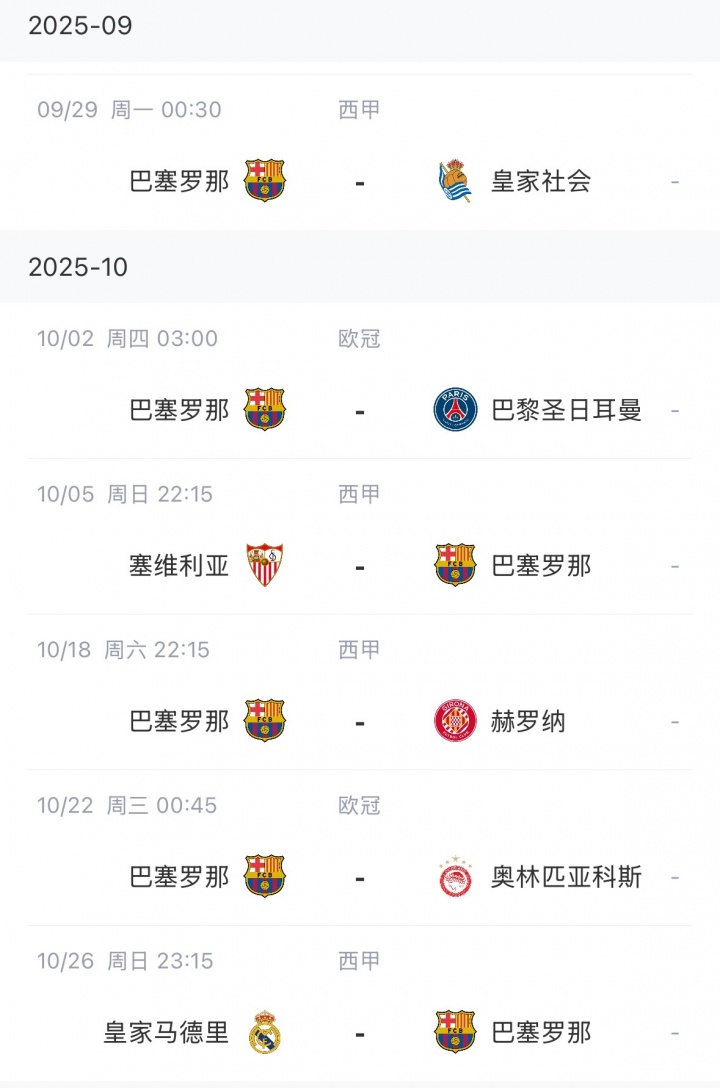 太難了！巴薩后續賽程：下周1周3賽，十月初踢巴黎十月底國家德比
