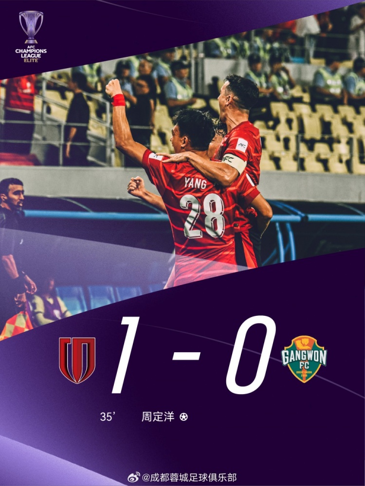 取得亞冠正賽首勝！成都蓉城1-0戰勝江原FC，周定洋獲得本場最佳