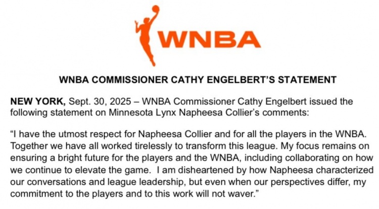 WNBA總裁回應科利爾炮轟：致力于推動發展 對她的言論感到遺憾